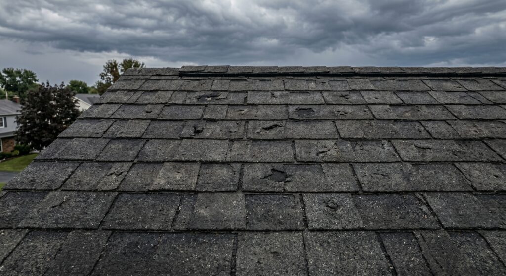 Close-up showing what minor hail damage and granule loss looks like on dark asphalt roof shingles in Columbus, Ohio.