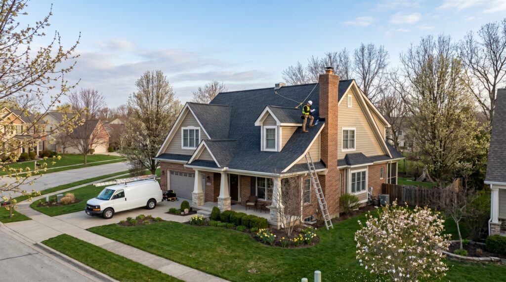 Aerial photo of a professional roofer wearing a harness to conduct a spring roof inspection in Westerville, OH, on a suburban home with blooming trees.